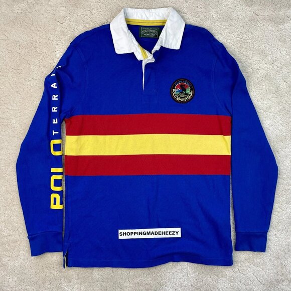 [M] POLO RALPH LAUREN Sportsman Terrain Rugby Long Sleeve Shirt Blue Red Stripes - Picture 1 of 7